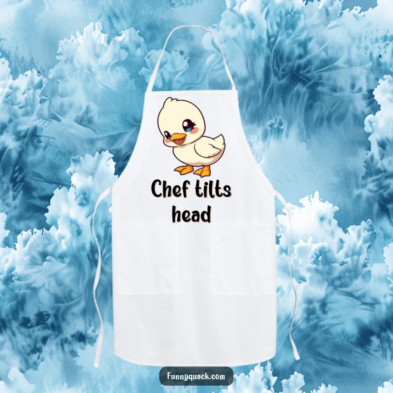 Funny kawaii duck apron showing a cute duck character tilting its head playfully, bringing curious humor to the kitchen.