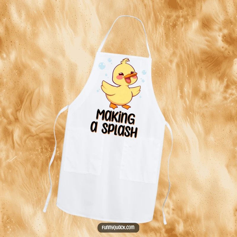 Funny kawaii duck character honking with joy while cooking, surrounded by bubbles, on a cute apron.