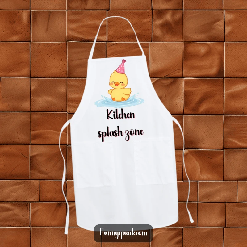 Funny apron showcasing a cute kawaii duck wearing a party hat and gleefully splashing in a puddle.