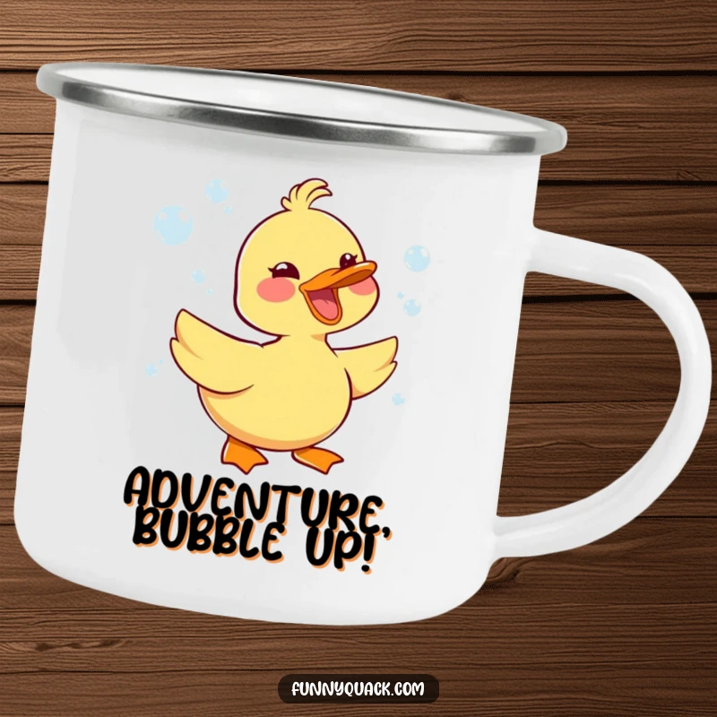 Funny kawaii duck character honking happily over a campfire, surrounded by bubbles, on a durable camping mug.