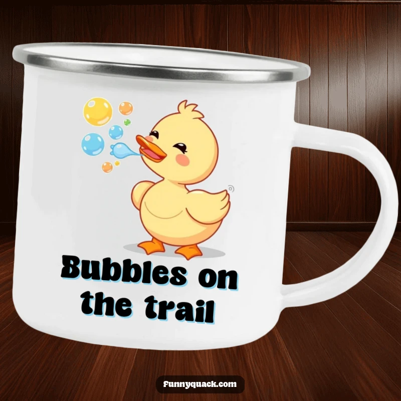 A sturdy, funny camping mug featuring a delighted duck mid-bubble-blow, perfect for enjoying drinks outdoors with a smile.