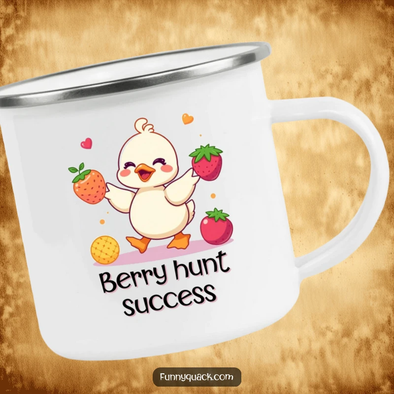 Funny kawaii duck camping mug showing a cute duck character juggling bright, colorful abstract berries, perfect for fruity outdoor humor.