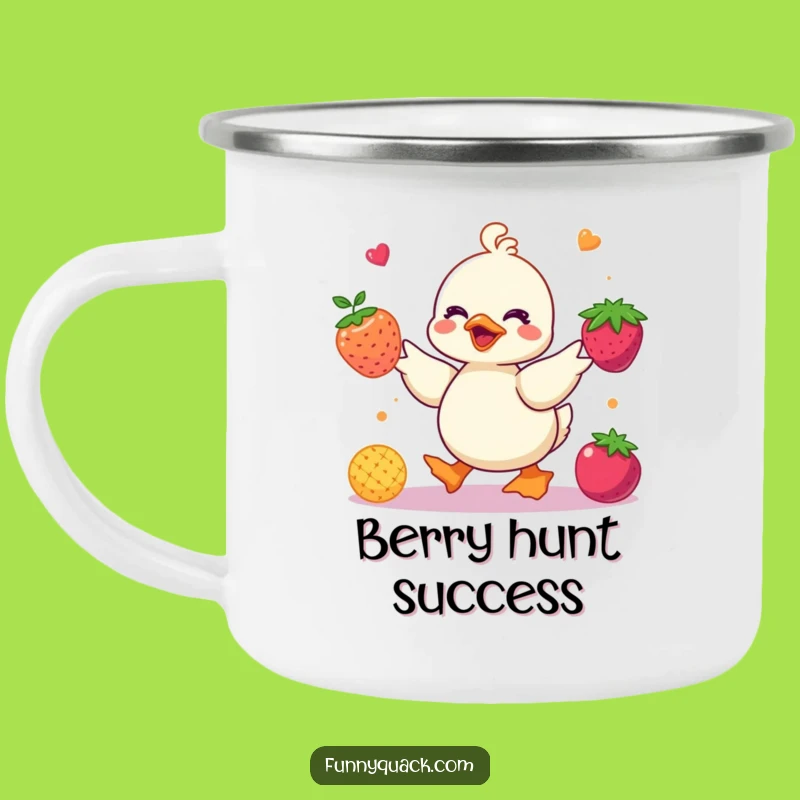 Funny Kawaii Duck Juggling Berries Camping Mug: Outdoor Fruit Humor Gift
