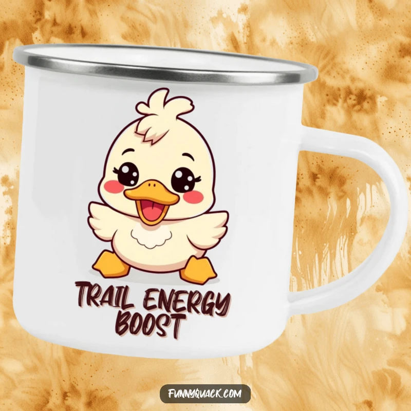Funny kawaii duck camping mug showing a cute duck character with a broad, energetic smile, perfect for cheerful outdoor humor.