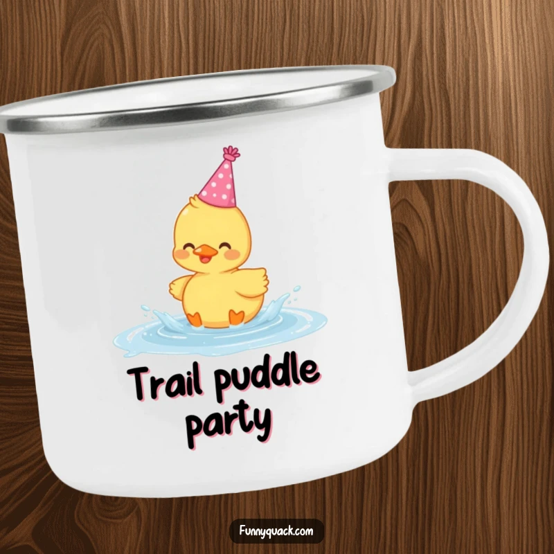 Funny enamel camping mug showing a cute kawaii duck wearing a party hat and gleefully splashing in a puddle.