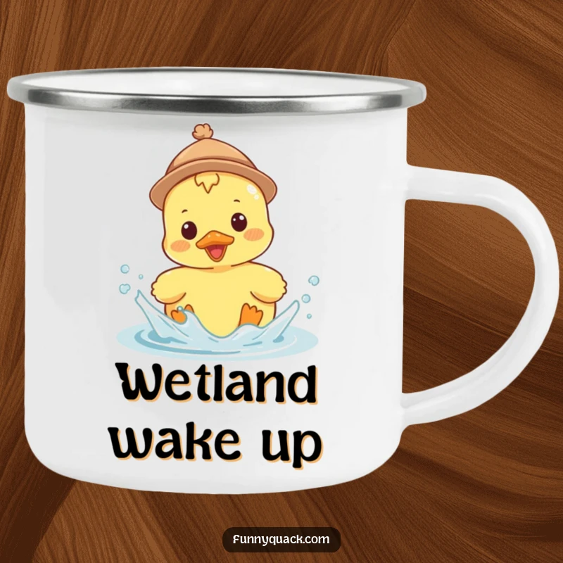 Funny Kawaii Duck Camping Mug, a duck in a tiny hat, splashing enthusiastically, for cheerful outdoor adventures.