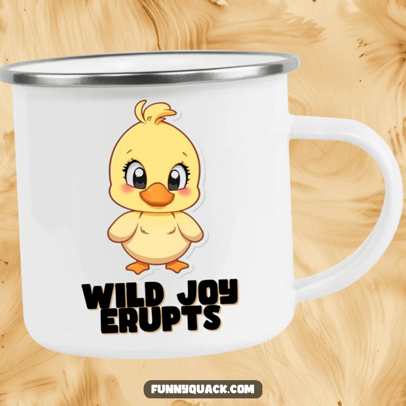 Funny enamel camping mug showing a duck character with large, bright eyes, quacking with exaggerated joy.