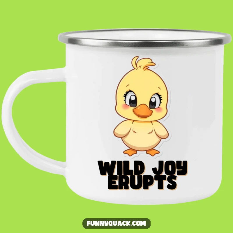 Funny Joyful Duck Camping Mug: Enamel, Big Eyes Quack, Outdoor Cheer
