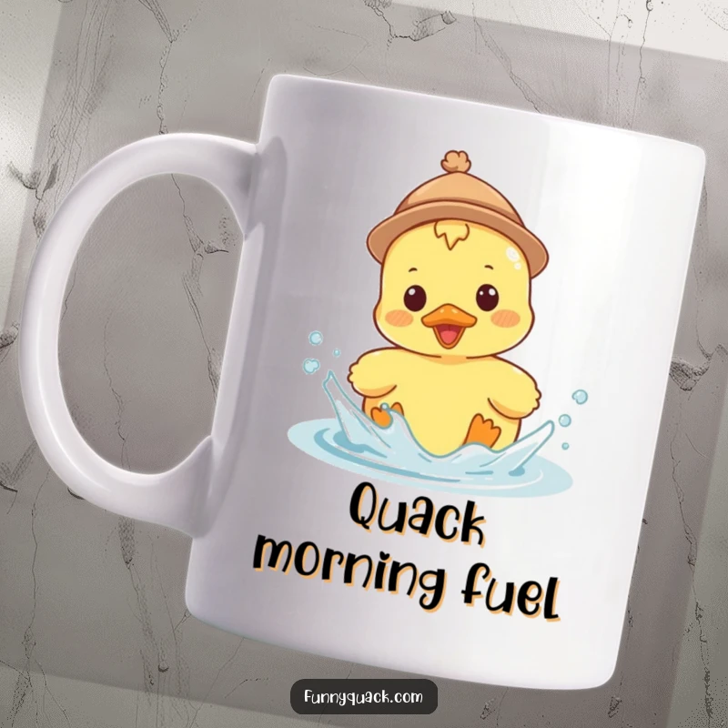 Funny Kawaii Duck Mug, wearing a tiny hat and splashing enthusiastically, bringing watery fun and humor.
