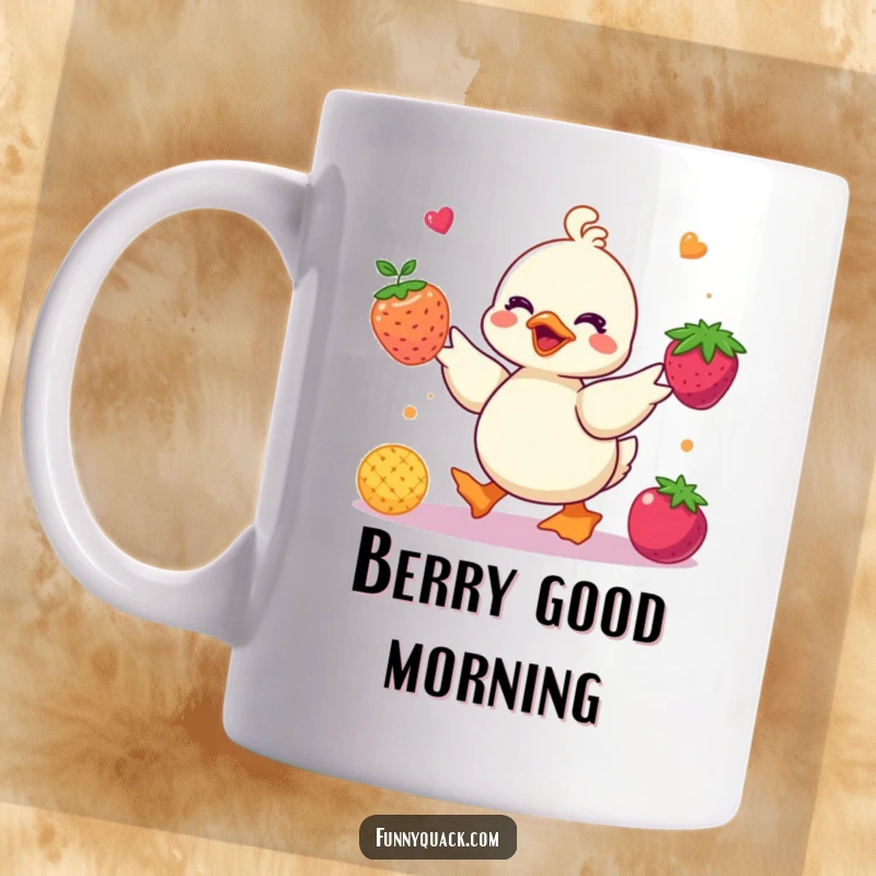 Funny kawaii duck mug showing a cute duck character joyfully juggling three colorful abstract berries, radiating playful and vibrant humor.