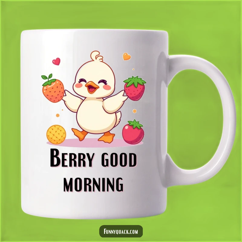 Funny Kawaii Duck Juggling Berries Mug: Colorful Fruit Humor Gift