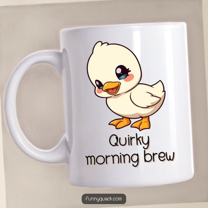 Funny kawaii duck mug showing a cute duck character tilting its head playfully, looking curious and charmingly humorous.