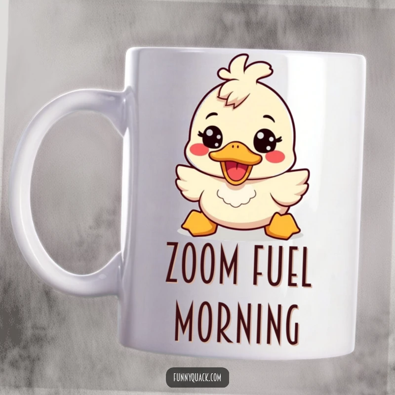 Funny kawaii duck mug featuring a cute duck character with a broad, energetic smile, radiating pure happiness and cheerful humor.