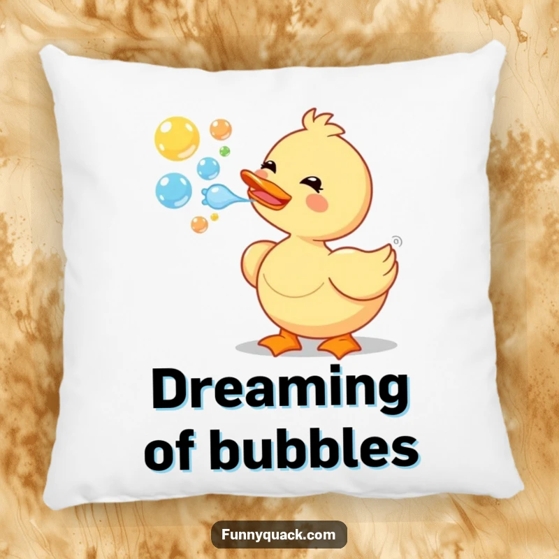Soft, decorative pillow featuring a happy cartoon duck blowing a stream of delightful bubbles, adding a touch of funny charm.