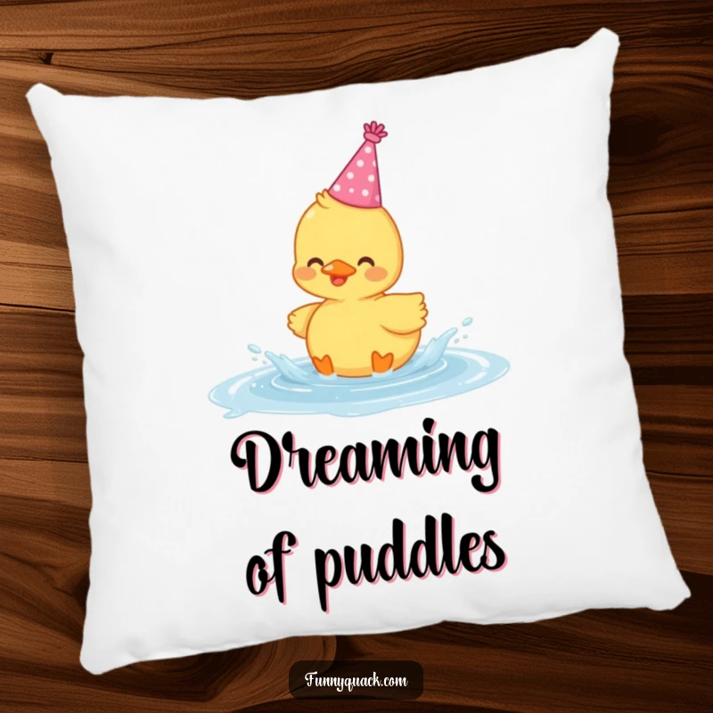 Funny decorative pillow featuring a charming kawaii duck wearing a party hat and gleefully splashing in a puddle.