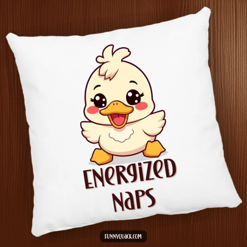 Funny kawaii duck pillow featuring a cute duck character with a broad, energetic smile, offering cozy charm and humorous cheer.