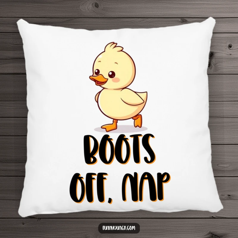 Funny Kawaii Duck Pillow, a duck waddling excitedly with tiny boots, soft and full of adorable charm.