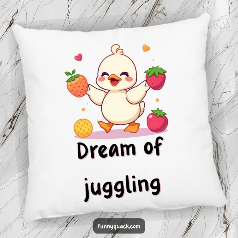 Funny kawaii duck pillow featuring a cute duck character juggling colorful abstract berries, offering cozy charm and humorous fun.