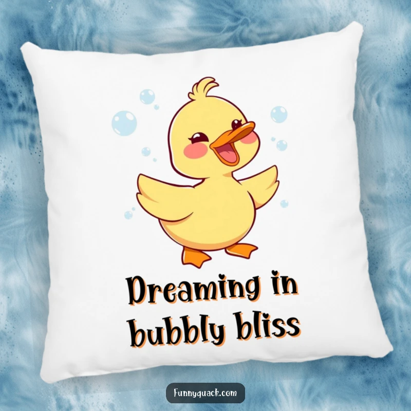 Funny kawaii duck character honking happily on a soft pillow, with cheerful bubbles all around.