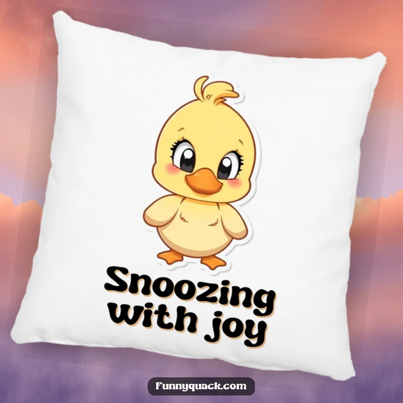 Funny decorative pillow featuring a duck character with large, bright eyes, quacking with exaggerated and infectious joy.