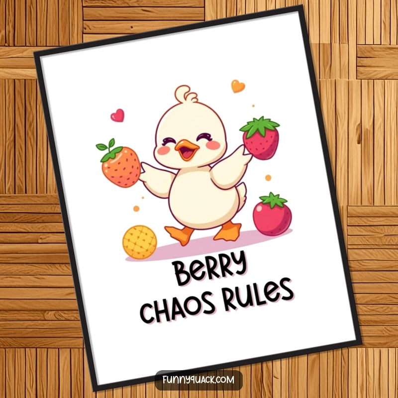 Funny kawaii duck digital art print showing a cute duck character juggling bright, colorful abstract berries, radiating vibrant humor.