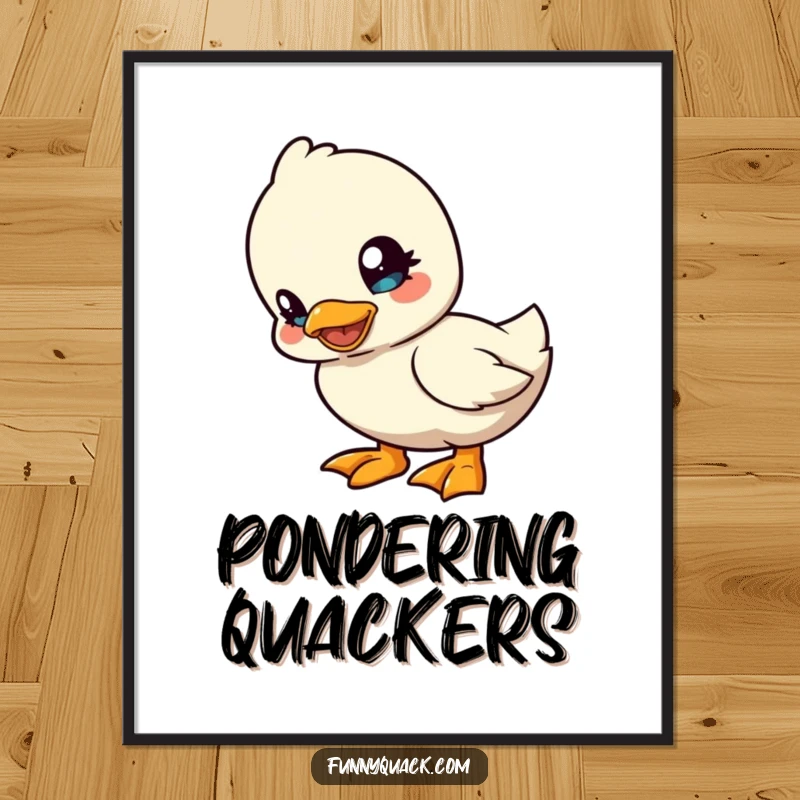 Funny kawaii duck digital art print showing a cute duck character tilting its head playfully, exuding curious and lighthearted humor.