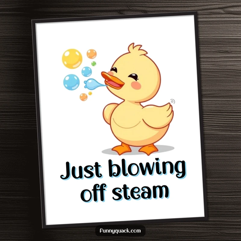 High-resolution digital art print of a funny cartoon duck blowing a spectacular stream of colorful, delightful bubbles for instant wall decor.