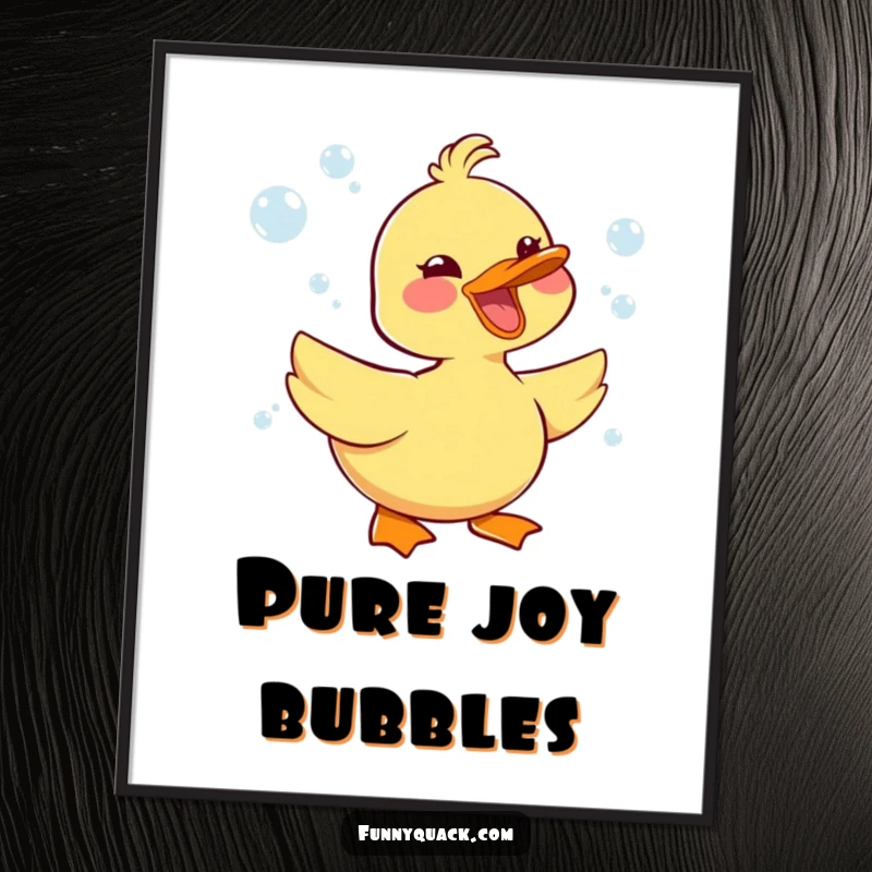 Funny kawaii duck character honking joyfully amidst a shower of bubbles, a digital art download.