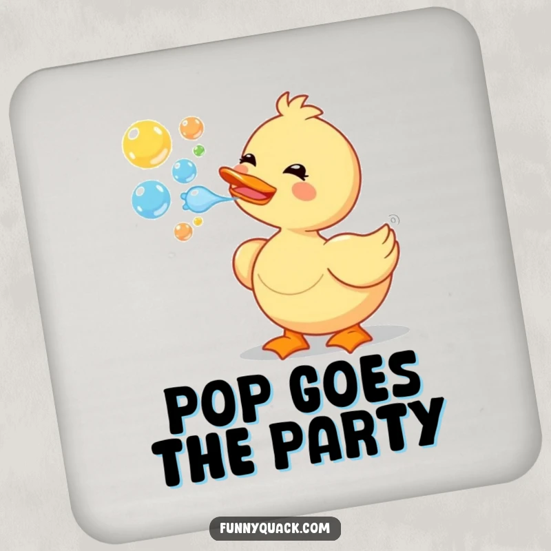 A single, funny drink coaster featuring a happy cartoon duck blowing a stream of colorful bubbles, protecting surfaces with charm.