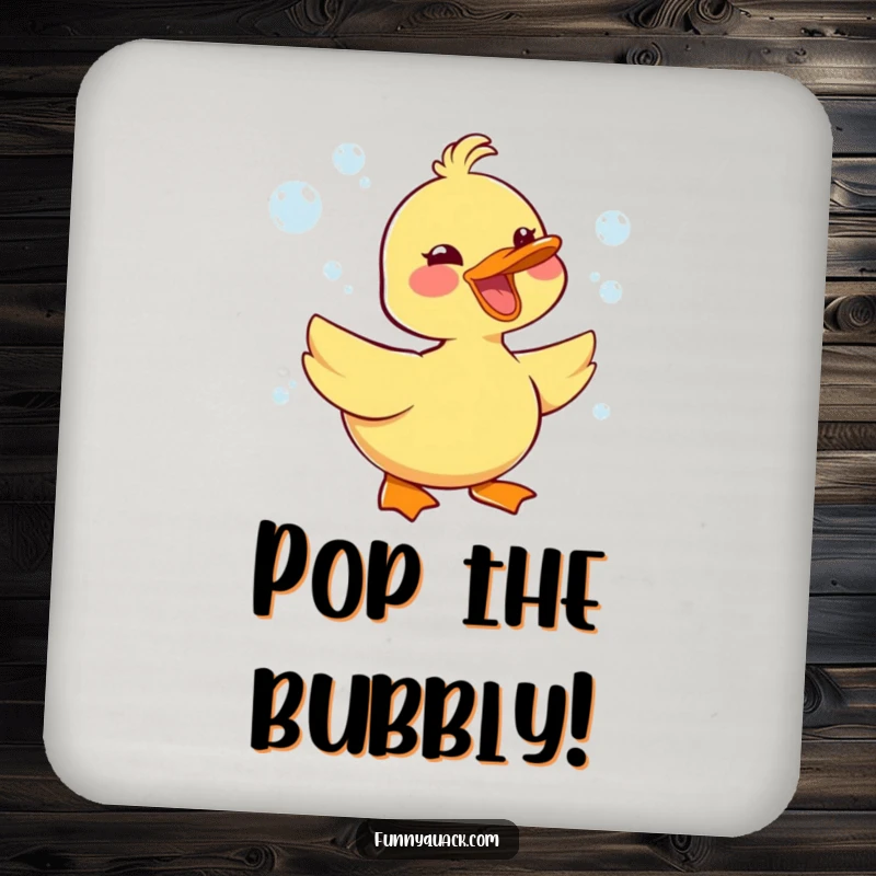 Funny kawaii duck character honking with glee, surrounded by tiny bubbles, on a set of drink coasters.