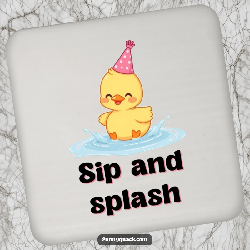 Funny drink coaster featuring a cute kawaii duck wearing a party hat and gleefully splashing in a puddle.