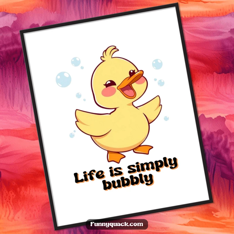 Funny kawaii duck character honking with pure joy, surrounded by shimmering bubbles, on a vibrant art print.