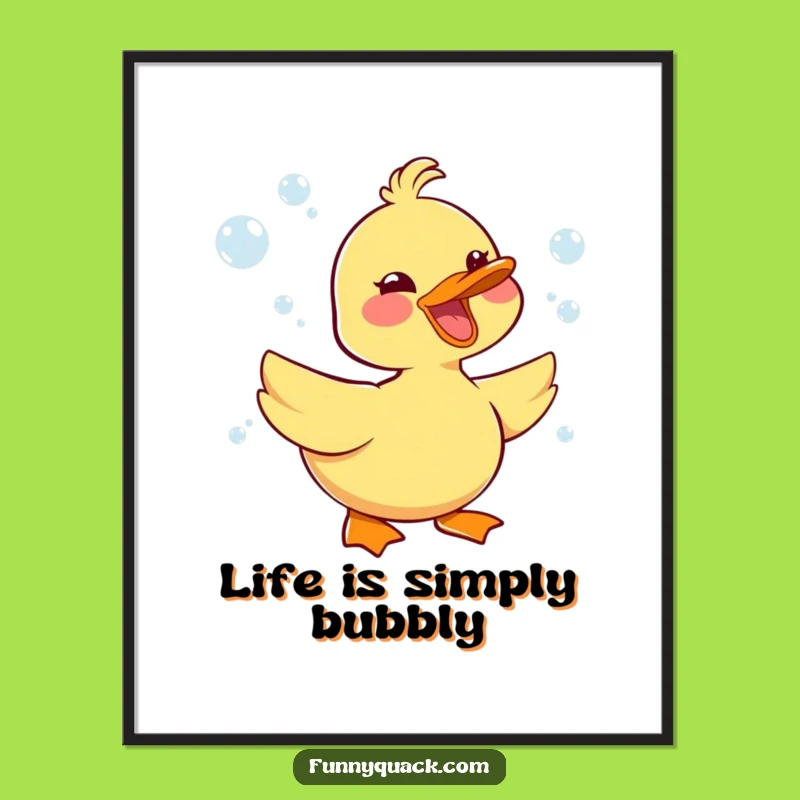 Funny Kawaii Duck Art Print: Joyful Honking & Bubbles, Whimsical Wall Decor