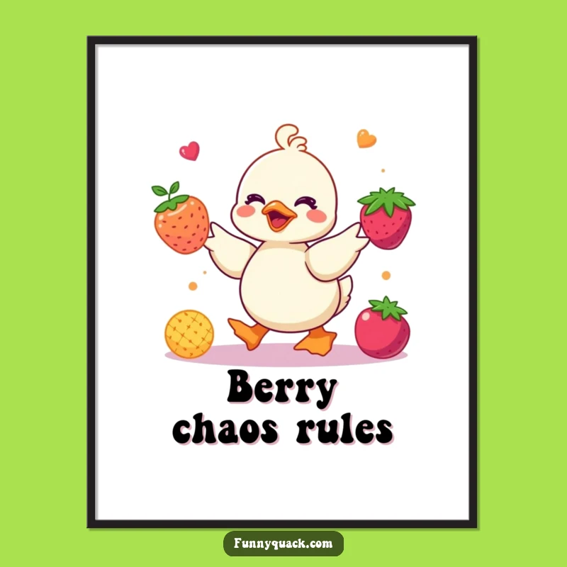 Funny Kawaii Duck Juggling Berries Poster: Colorful Art Gift
