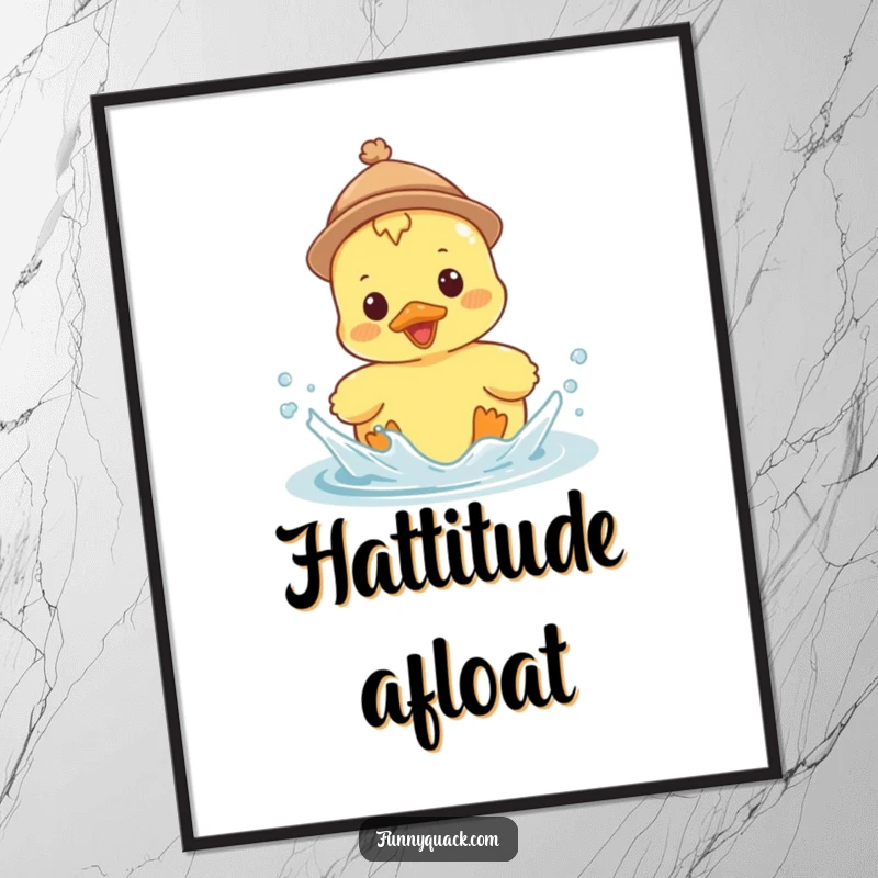 Funny Kawaii Duck Poster, a duck wearing a tiny hat, splashing enthusiastically, adding playful humor to decor.