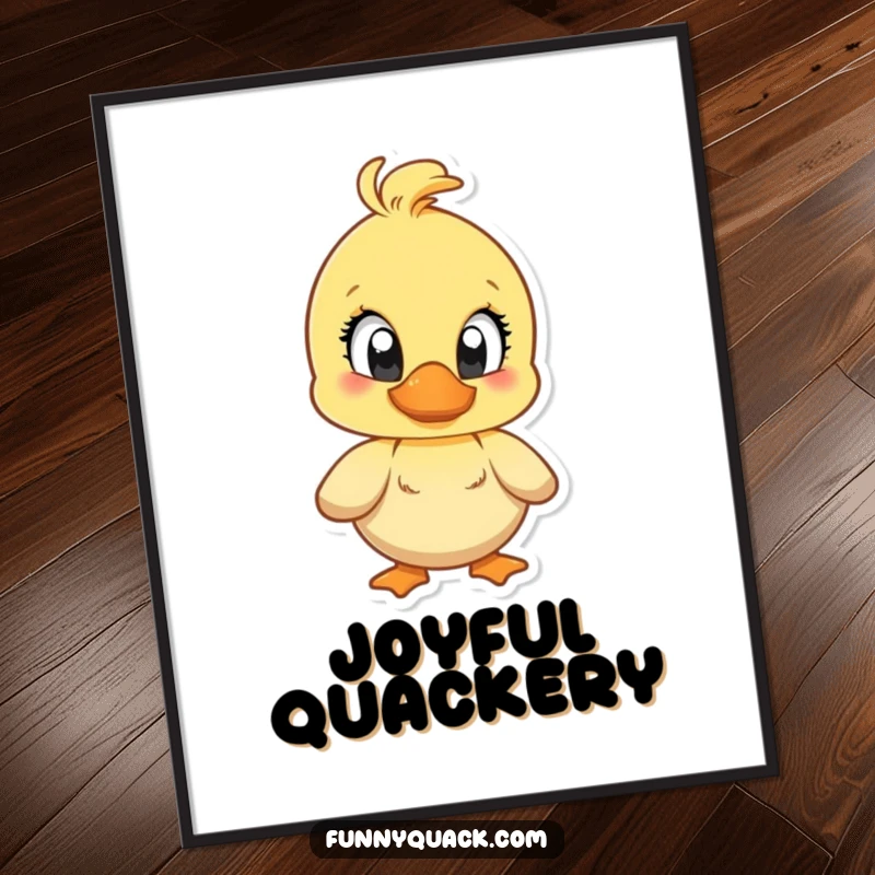 Funny poster of a duck character with large, bright eyes, captured mid-quack with exaggerated, contagious joy.