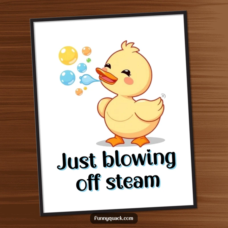 A vibrant poster showcasing a funny cartoon duck blowing a spectacular stream of colorful, delightful bubbles, adding cheer to walls.