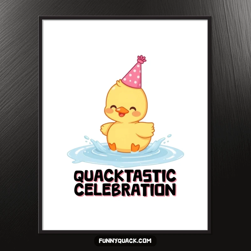Funny poster of a cute, kawaii-style duck wearing a party hat and gleefully splashing amidst water droplets in a puddle.