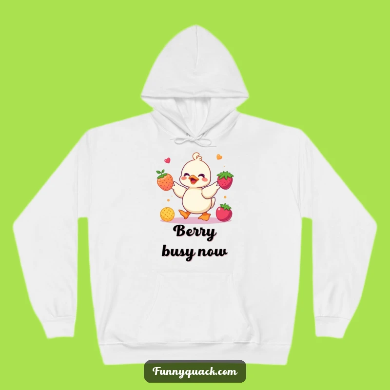 Funny Kawaii Duck Juggling Berries Hoodie: Cozy Fruit Humor Gift