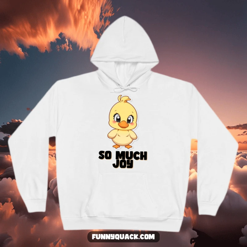 Funny hoodie featuring a duck character with large, sparkling eyes, quacking with immense, exaggerated joy.