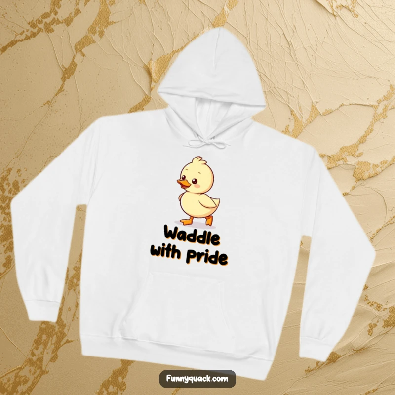 Funny Kawaii Duck Hoodie, a duck waddling excitedly with tiny boots, perfect for cozy strolls and warm laughs.
