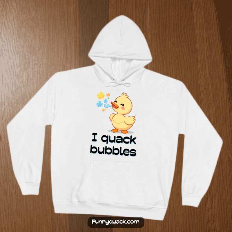 A cozy, funny hoodie featuring a delighted cartoon duck blowing a cascade of colorful bubbles, perfect for spreading warmth.