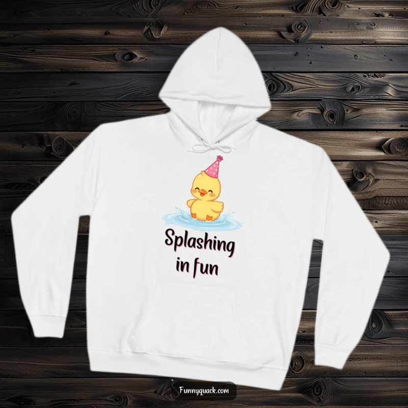 Funny hoodie showcasing an adorable kawaii duck sporting a party hat and gleefully splashing in a puddle.