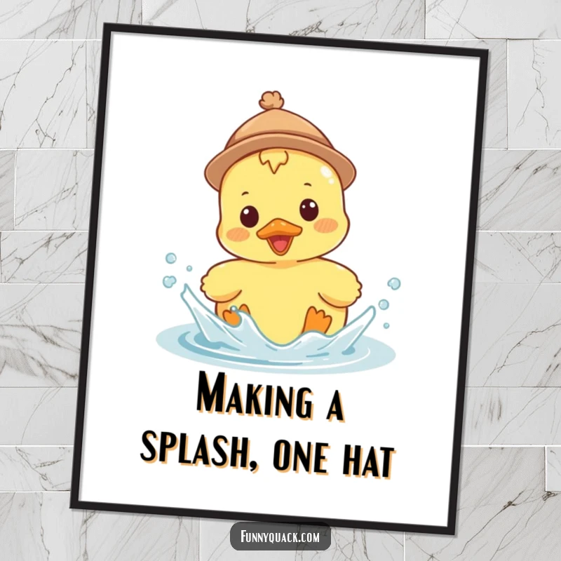 Funny free printable wall art of a kawaii duck wearing a tiny hat, splashing water enthusiastically. A wet and wild addition!