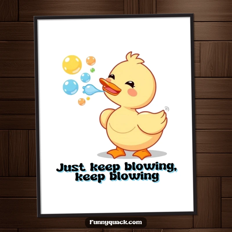 Funny Free Printable Wall Art: A happy duck joyfully blowing a stream of vibrant, colorful bubbles, creating a whimsical scene.