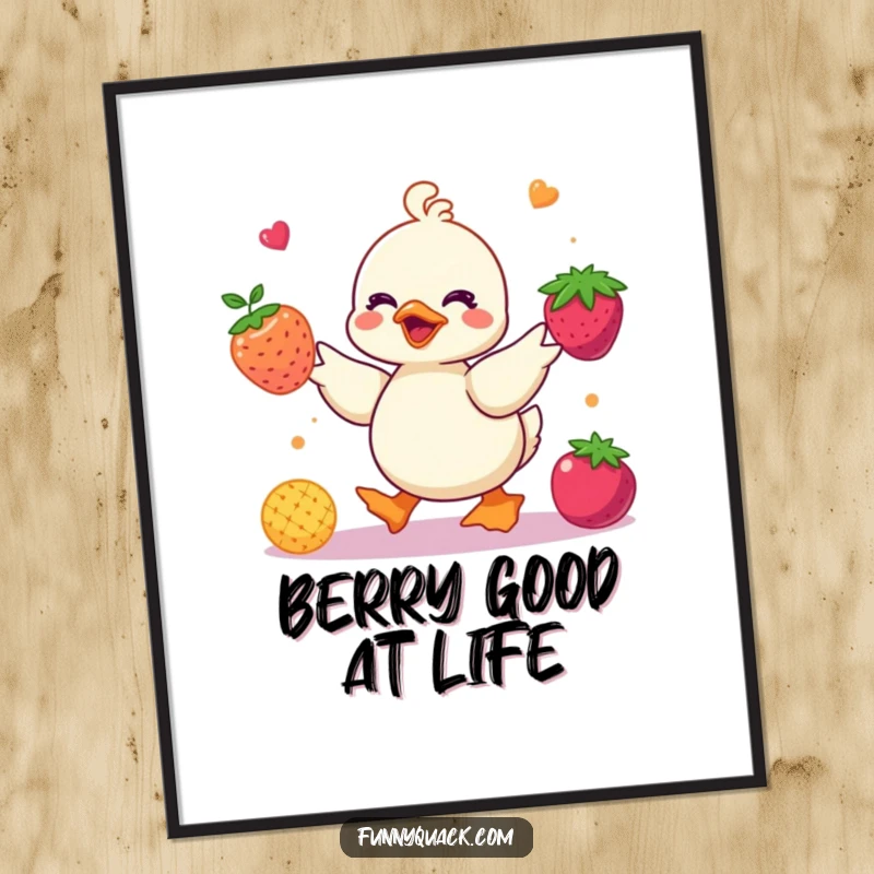 Funny Free Printable Wall Art: A cheerful kawaii duck skillfully juggles colorful berries, creating a whimsical and humorous display. Downloadable art.