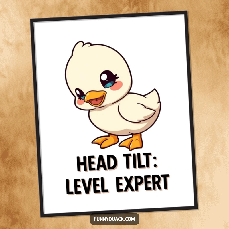 Funny Free Printable Wall Art: A cute kawaii duck with a playful head tilt, adding whimsical charm and humor to your space. Downloadable.