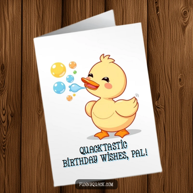 Funny Free Printable Birthday Card: A happy duck joyfully blowing a stream of colorful, delightful bubbles. Perfect for a birthday.