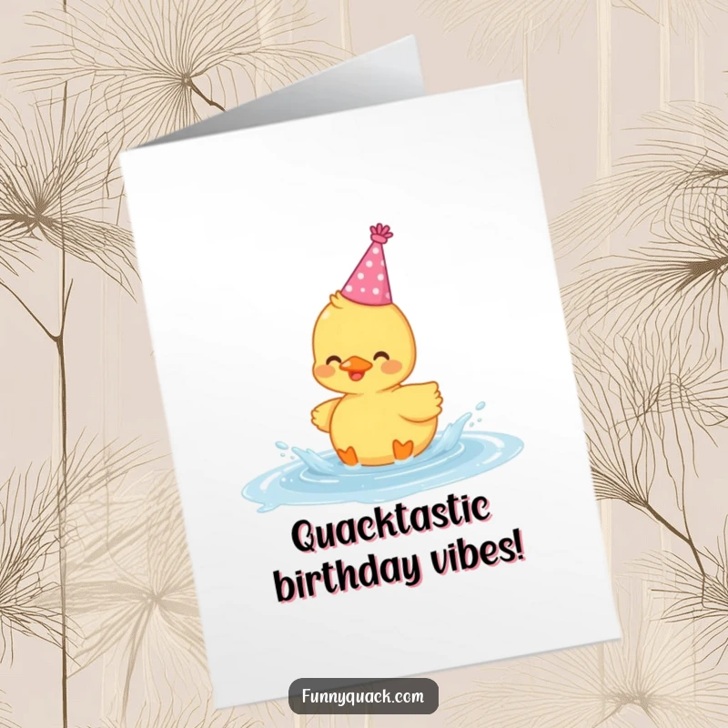 Funny Free Printable Birthday Card: Kawaii duck wearing party hat gleefully splashing in a puddle with joy