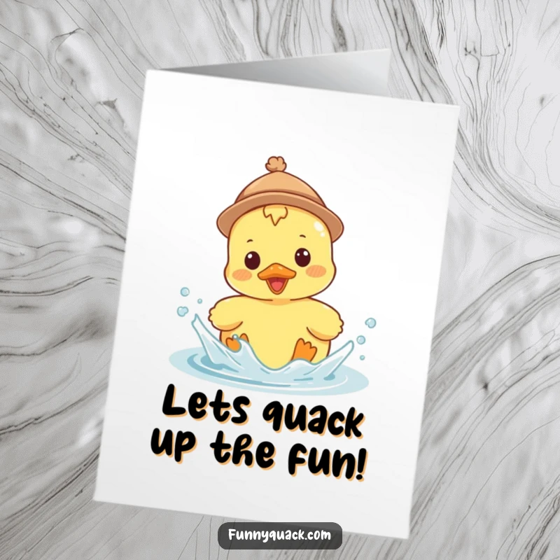 Funny free printable birthday card featuring a kawaii duck in a tiny hat, splashing enthusiastically with joy. Hat party!